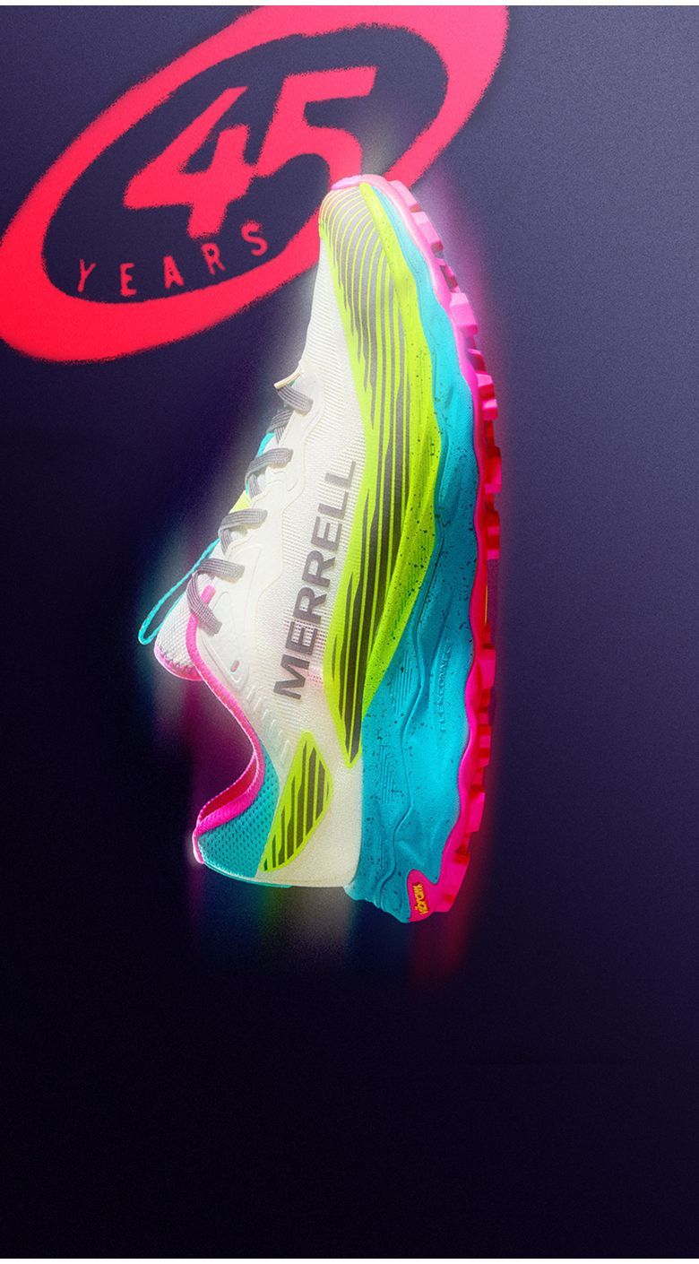Collection of Merrell shoes arranged around a glowing 45 years anniversary logo.